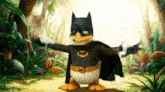a penguin in a batman costume is standing in a jungle .