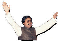 a man with his arms outstretched wearing sunglasses and a brown vest