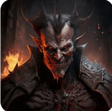 a demon with horns and armor is standing in front of a fire in a dark room .