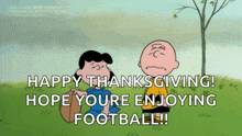 a cartoon of charlie brown and lucy brown saying happy thanksgiving