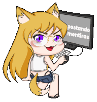 a cartoon drawing of a girl sitting in front of a computer monitor that says postando mentiras