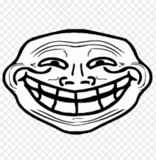 a black and white drawing of a troll face with a big smile on it .