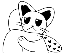 a black and white drawing of a cat hugging a pillow with hearts on it .