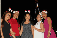 a group of women wearing santa hats pose for a photo in front of a christmas tree