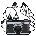 a cartoon wolf is holding a camera in front of its face .