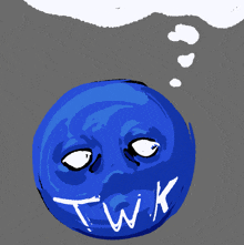 a drawing of a blue ball with the word twk on it