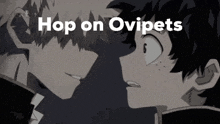 a couple of anime characters looking at each other with the words `` hop on ovipets '' written on the bottom .