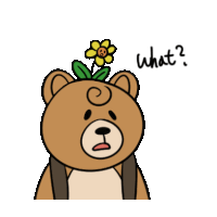 a brown teddy bear with a flower on its head and the words what written below it