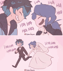 a drawing of a bride and groom laughing with the words " ha ha ha ha "