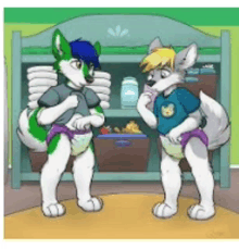 two furry animals wearing diapers are standing next to each other in front of a shelf .