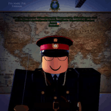 a man in a military uniform is smiling in front of a map with the words per mare per terram on it