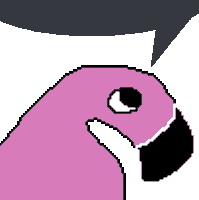 a pixel art drawing of a pink flamingo with a speech bubble behind it