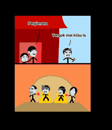 a cartoon of a group of stick figures with the words pergi mana on top