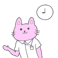 a cartoon drawing of a pink cat with a lanyard around its neck and a clock above its head