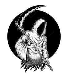 a black and white drawing of a grim reaper holding a scythe in his hand .