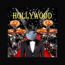 a cat in a tuxedo stands on a red carpet in front of a hollywood poster