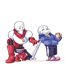 papyrus and sans are standing next to each other with their arms crossed and a cup of coffee