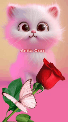 a picture of a cat holding a rose and a butterfly with the name anita cruz on the bottom