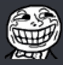 a black and white drawing of a troll face with big teeth smiling .