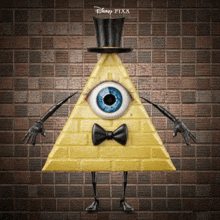 a yellow pyramid with a blue eye and a black bow tie