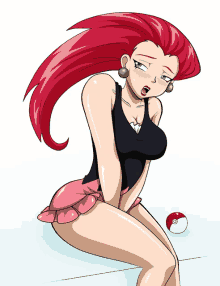 a cartoon drawing of a girl with red hair and green earrings