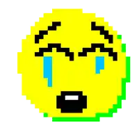 a pixel art illustration of a crying smiley face with blue tears coming out of its eyes .