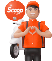 a delivery man is making a heart shape with his hands in front of a scoop logo