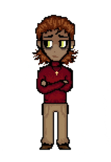 a pixel art of a man with his arms crossed wearing a red sweater