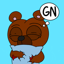 a cartoon of a teddy bear holding a pillow with a gn bubble above his head