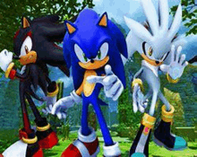 sonic the hedgehog , shadow the hedgehog and silver the hedgehog are standing next to each other