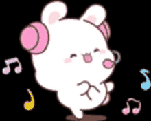 a cartoon rabbit wearing pink headphones is dancing .