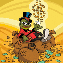 a cartoon of a frog in a top hat sitting on bags of money