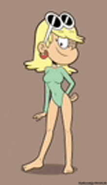 a cartoon character is wearing a swimsuit and sunglasses and standing on a brown background .