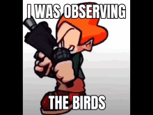 a cartoon character holding a gun with the words i was observing the birds below him