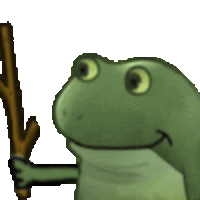 a frog is holding a stick and smiling at the camera