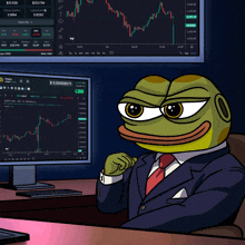 a frog in a suit and tie is sitting in front of a computer screen with a price of $ 0.00006387 on it