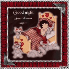 a picture of betty boop sleeping in a bed with teddy bears and the words good night sweet dreams