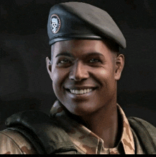 a man in a military uniform is smiling and wearing a beret with a skull on it