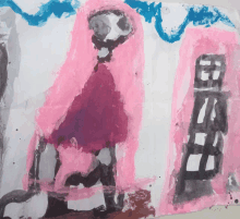 a child 's drawing of a girl in a pink dress with a telephone booth in the background