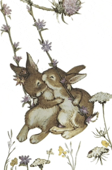 two rabbits are hugging each other in a painting