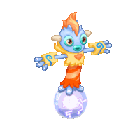 a blue and orange cartoon character is standing on top of a clear ball