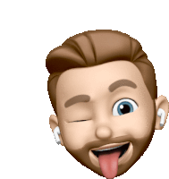 a cartoon man with a beard and ear buds sticking his tongue out