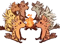 a group of animals are gathered around a fire