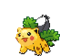 a pixel art drawing of a yellow pokemon with green leaves on its back .