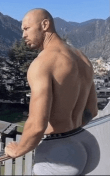 a shirtless man with a large butt is standing on a balcony looking at the mountains .