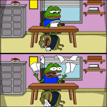 a cartoon of a frog sitting at a desk with papers on it