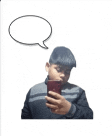 a boy taking a picture of himself with a speech bubble above his head