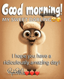 a picture of a llama with the words good morning my sweet darling i hope you have a ridiculously amazing day