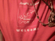 a person wearing a red shirt that says welcome bulgaria