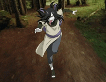 a cartoon character is running down a dirt road with his tongue out .